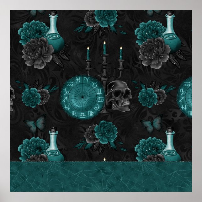 Teal Zodiac Magic | Green Gothic Skull Roses Poster (Front)