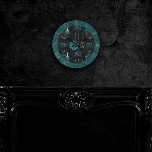 Teal Zodiac Magic   Green Gothic Skull Roses Round Clock