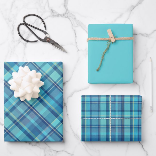 Teals, Blue & Yellow Plaid Wrapping Paper Sheet (Front)