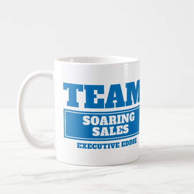 Team blue personalised office or family event mug (Left)