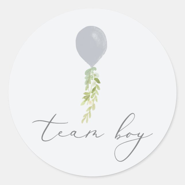 Team Boy Blue Balloon Calligraphy Gender Reveal Classic Round Sticker (Front)