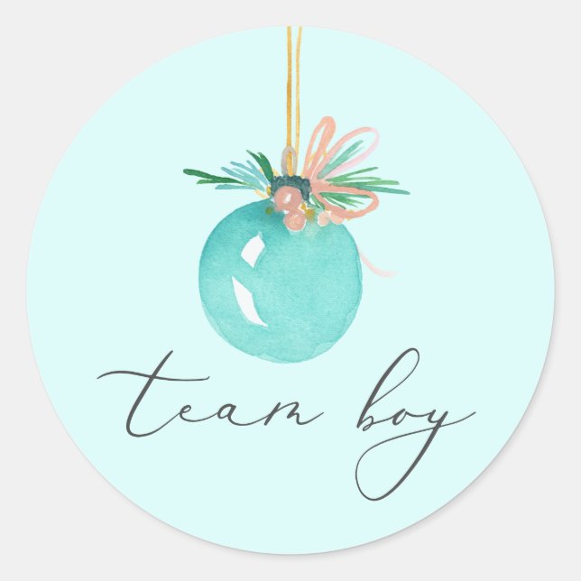 Team Boy Christmas Ornament Script Gender Reveal Classic Round Sticker (Front)