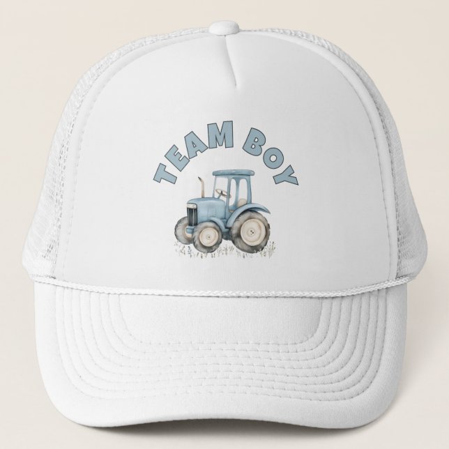 Team Boy Cute Blue Farm Tractor Gender Reveal  Trucker Hat (Front)
