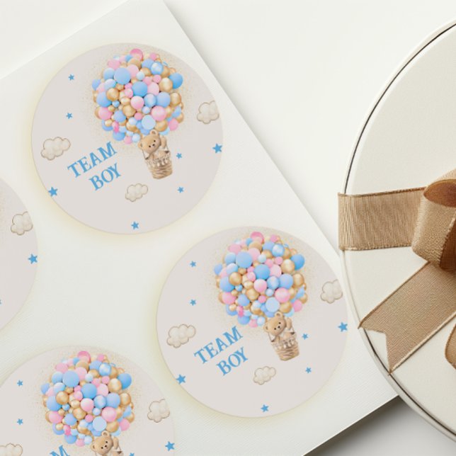 Team Boy Gender Reveal Teddy Bear Blue Classic Round Sticker (Creator Uploaded)