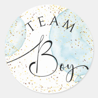 Team boy gender reveal watercolor blue balloons classic round sticker