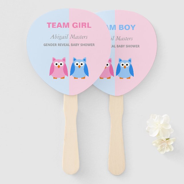 Team Boy or Team Girl Owl Gender Reveal Shower Hand Fan (Front and Back)