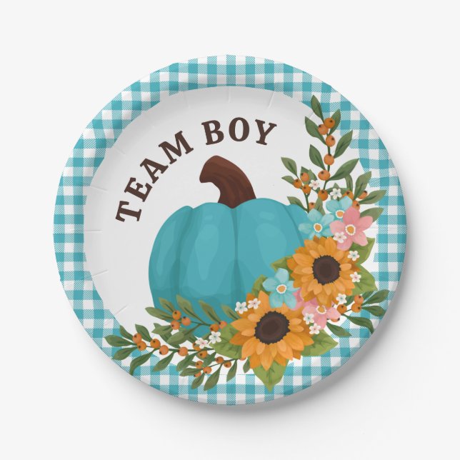Team Boy Sunflowers Little Pumpkin Gender Reveal Paper Plate (Front)