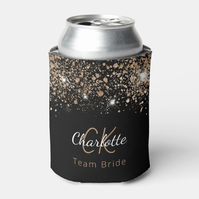 Team Bride black gold glitter monogram name  Can Cooler (Can Front)