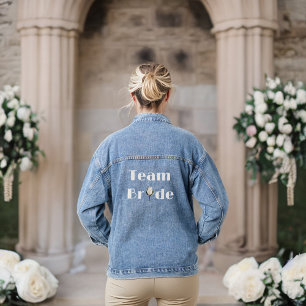 Team Bride - Bridal Party White Glittery Look Rose Denim Jacket