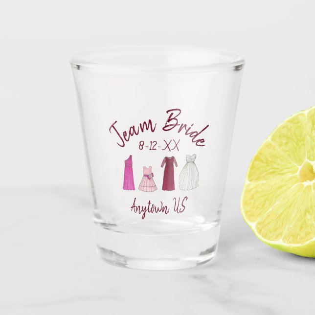 Team Bride Bridal Shower Bachelorette Party Gowns Shot Glass (Front)