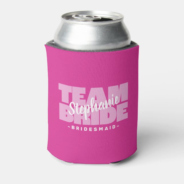 Team Bride Bridesmaid Name Wedding Pink Cool Retro Can Cooler (Can Back)
