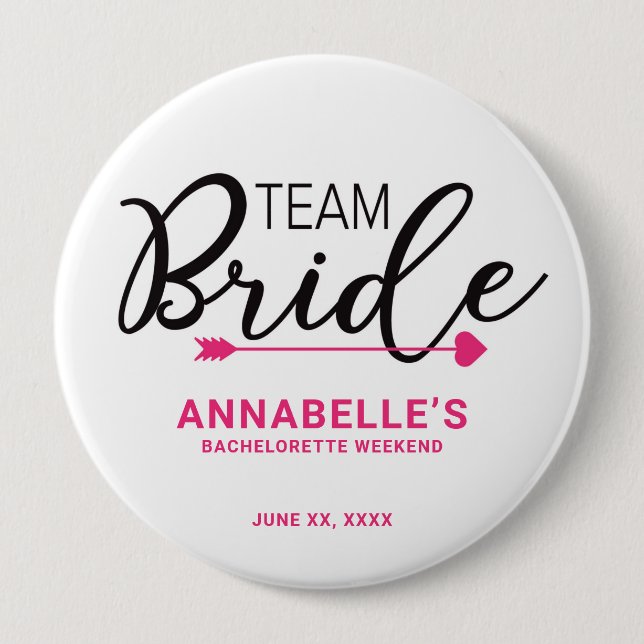Team Bride Button. Crown, Cupid Arrow WHITE 10 Cm Round Badge (Front)