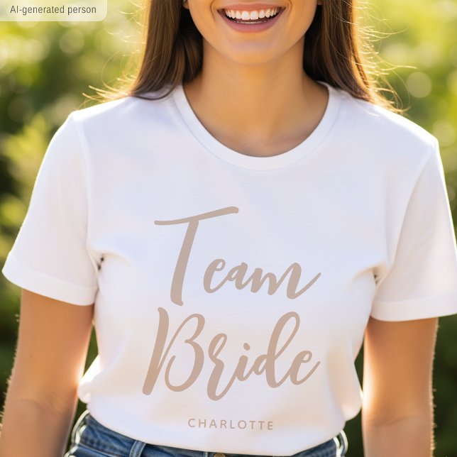 Team Bride Custom Name Wedding Beige White T-Shirt (Creator Uploaded)