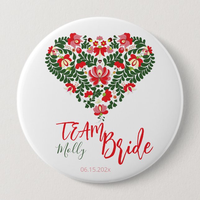 Team Bride Custom Script Hungarian Matyo Folk  10 Cm Round Badge (Front)