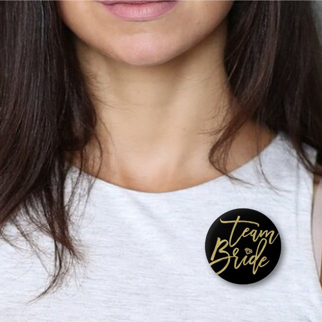 Team Bride Diamond Wedding Bridal Party Button (TEAM BRIDE Diamond Chic Gold Brush Script Wedding Bridal Party Pinback Button @ fatfatin_blue_knot)