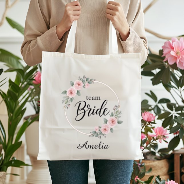 Team Bride Elegant Pink Floral Gold Hoop Wedding Tote Bag (Creator Uploaded)