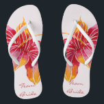 Team Bride | Floral Hawaiian Flip Flops<br><div class="desc">NewparkLane - Get ready for summer with these elegant colourful flip flops, with an exotic Hawaiian Hibiscus flower in red, pink and orange, with 'Team Bride' in elegant script typography. A fun and colourful bohemian theme for a destination wedding. Easy to customise in Zazzle with your own text for a...</div>