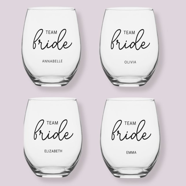 Team Bride Wedding Bachelorette Stemless Wine Glass (Team Bride, modern personalized stemless wine glasses, perfect for bachelorette or wedding party.)
