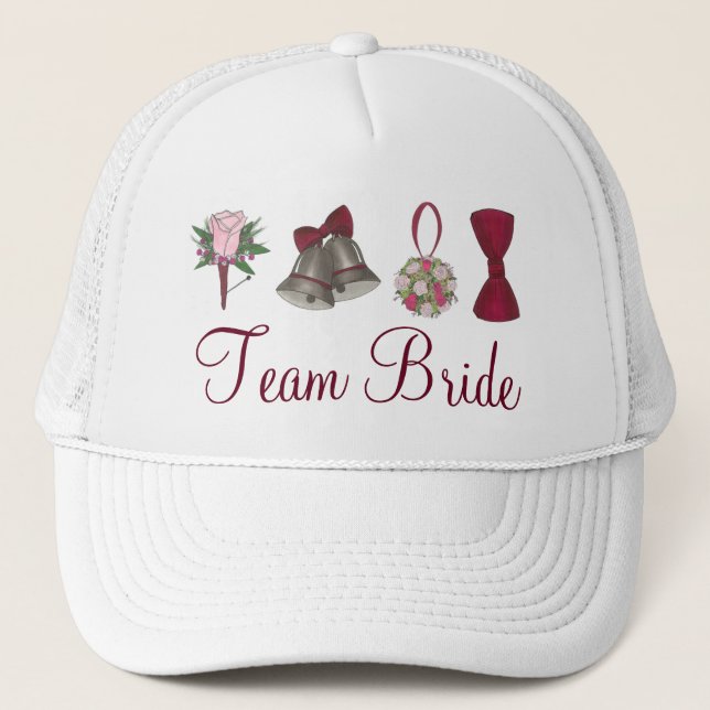 TEAM BRIDE Wedding Bells Rose Bridal Party  Trucker Hat (Front)