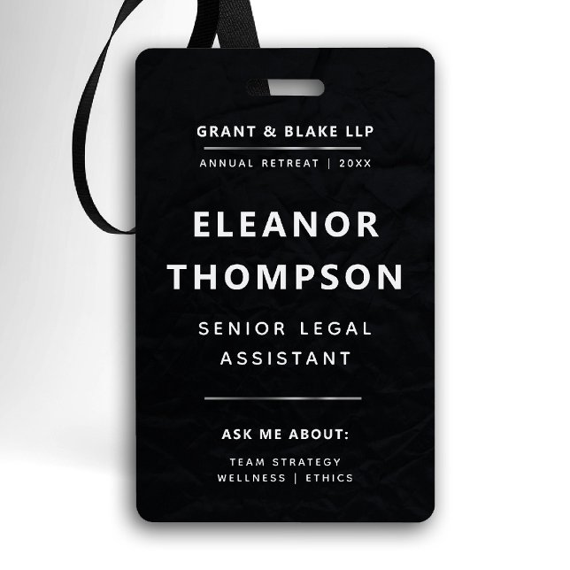 Team Building Black Modern Elegant QR Business ID Badge (team building business corporate qr  black badge law firm attorney real estate manager paralegal)
