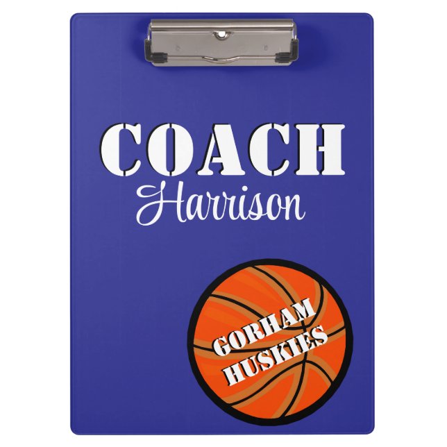Team Coach Blue and White Basketball Personalised Clipboard (Front)