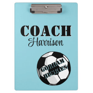 Team Coach Pale Blue and White Soccer Personalised Clipboard