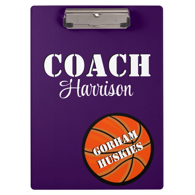 Team Coach Purple and White Basketball Personalise Clipboard (Front)