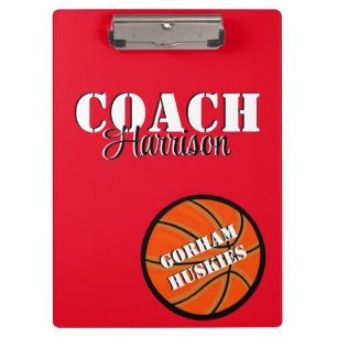 Team Coach Red and White Basketball Personalised Clipboard