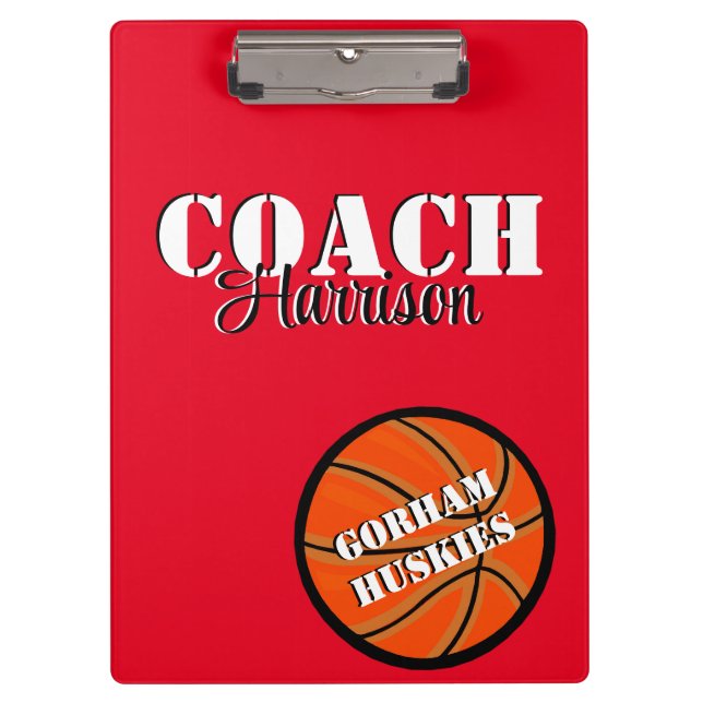 Team Coach Red and White Basketball Personalised Clipboard (Front)