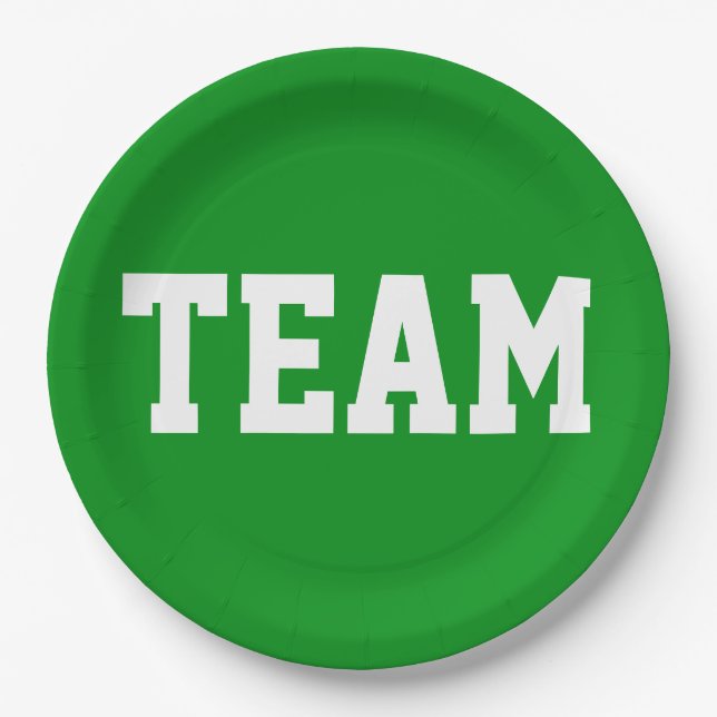 TEAM Cool Athletic White Text On Bright Green Paper Plate (Front)