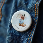 Team Cowboy Western Pink Boot Gender Reveal 6 Cm Round Badge<br><div class="desc">These charming team cowboy buttons are the perfect addition to your western-themed cowgirl baby shower, combining rustic elegance with delicate artistry. At the heart of this design lies our stunning, hand-painted western blue baby cowboy boot with florals. Each detail is carefully rendered to evoke the charm and nostalgia of the...</div>
