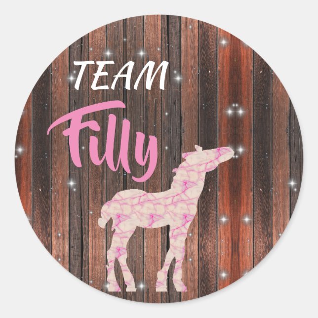 "Team Filly" Pink Gender Reveal Classic Round Sticker (Front)