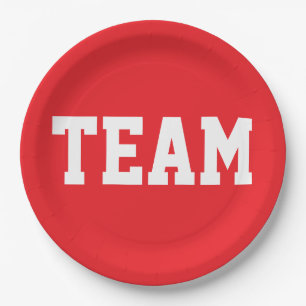 TEAM Fun Sports Athletic White Text On Bright Red Paper Plate