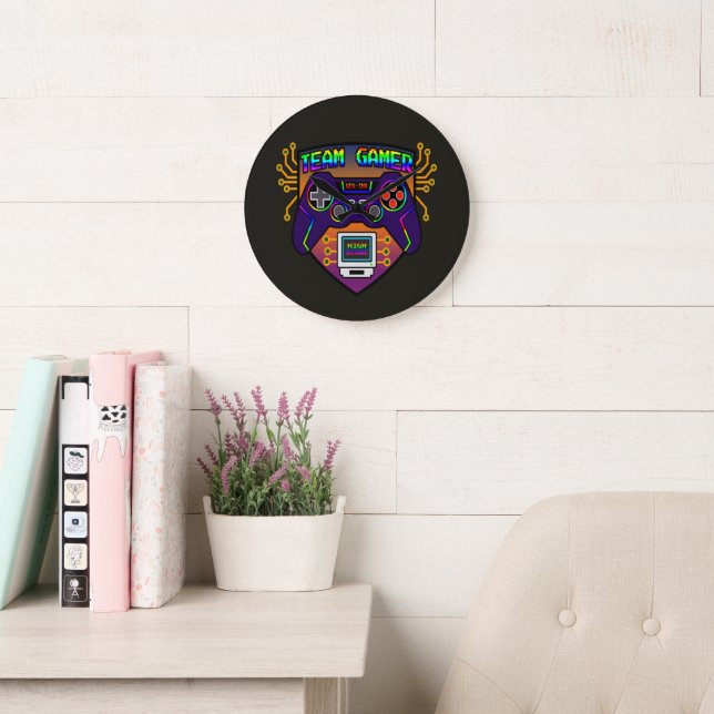 Team Gamer, retro gaming controller decor Large Clock (Reading Room)