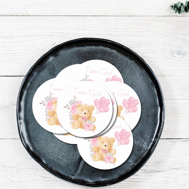 Team Girl Gender Reveal Party Vote Bear Classic Round Sticker (Creator Uploaded)