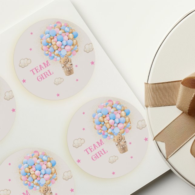 Team Girl Gender Reveal Teddy Bear Balloons Pink Classic Round Sticker (Creator Uploaded)