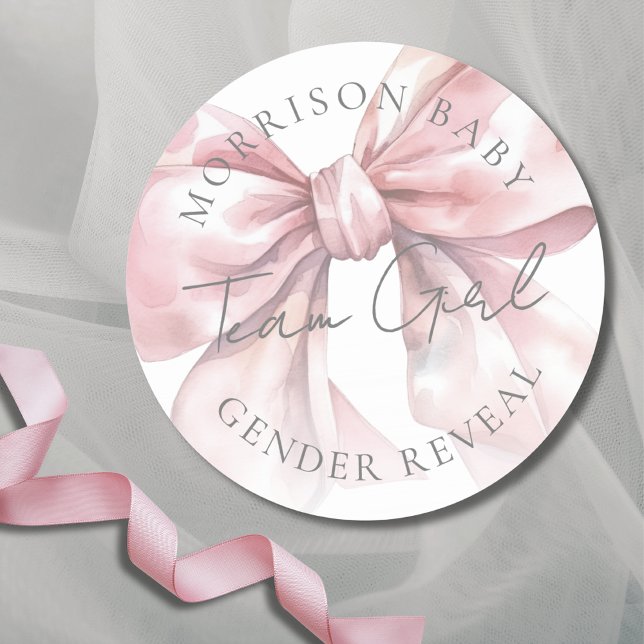 Team Girl Pink Bow Gender Reveal Classic Round Sticker (Team Girl Pink Bow Gender Reveal Classic Round Sticker )