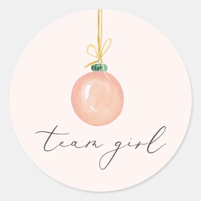 Team Girl Pink Christmas Ornament Gender Reveal Classic Round Sticker (Front)