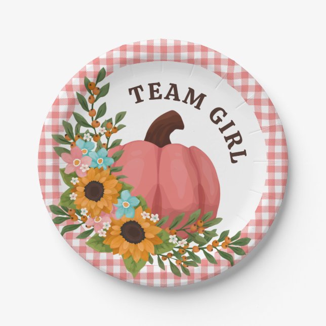 Team Girl Sunflowers Little Pumpkin Gender Reveal Paper Plate (Front)