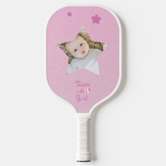 Team Girl with Photo Rattle Gender Reveal  Pickleball Paddle (Front)