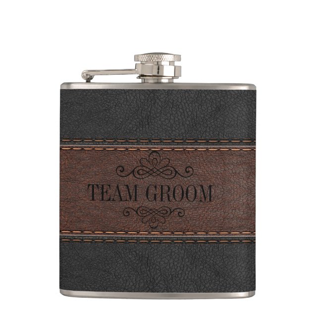 Team Groom Black & Brown Leather Hip Flask (Front)