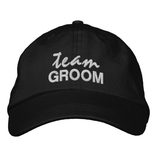 Team GROOM fun novelty black script bridal party Embroidered Hat (Front)