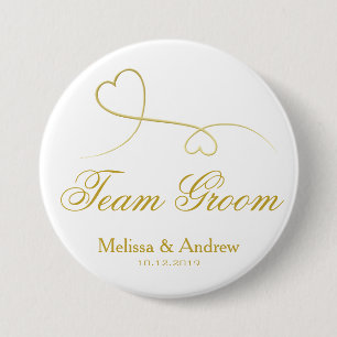 Team Groom Two Gold Hearts Wedding 7.5 Cm Round Badge
