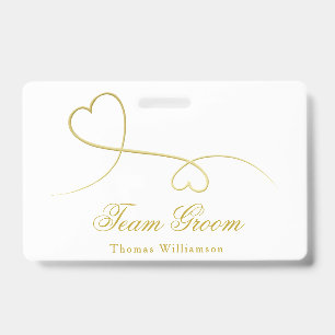 Team Groom Two Gold Hearts Wedding ID Badge
