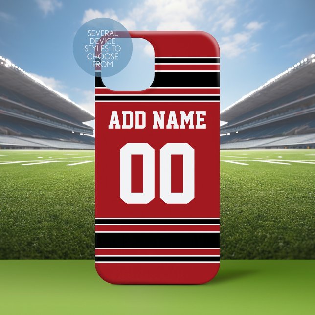 Team Jersey Red Black Custom Name Number (Personalized Phone Case with a Football Jersey Stripe Design)