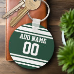 Team Jersey with Custom Name and Number Key Ring<br><div class="desc">Green and White colours -- If you are a Fantasy Football team owner,  make your own products and show off to your friends! Or - Do you play High School Football and want a memento? This jersey design is perfect for anyone playing sports.</div>