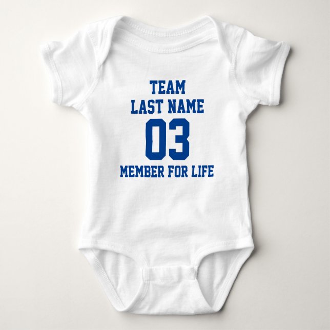 Team Last Name Member For Life Deep Blue Text Baby Bodysuit (Front)