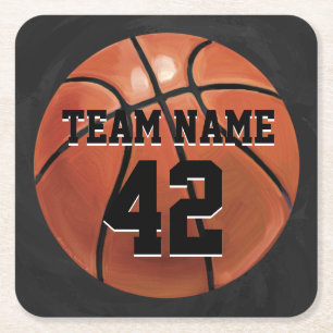 Team Name and Number Basketball Square Paper Coaster