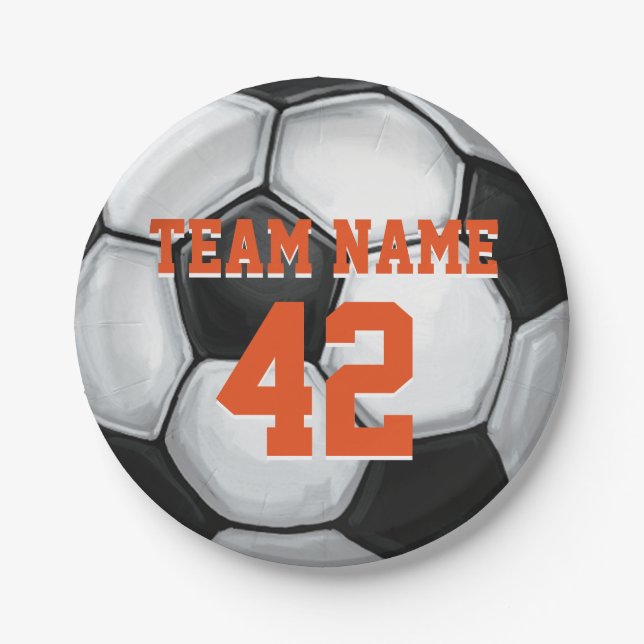 Team Name and Number Soccer Ball Paper Plate (Front)