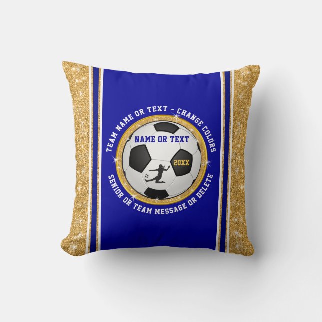 Team or Senior Gift Ideas for Soccer Blue and Gold Cushion (Front)